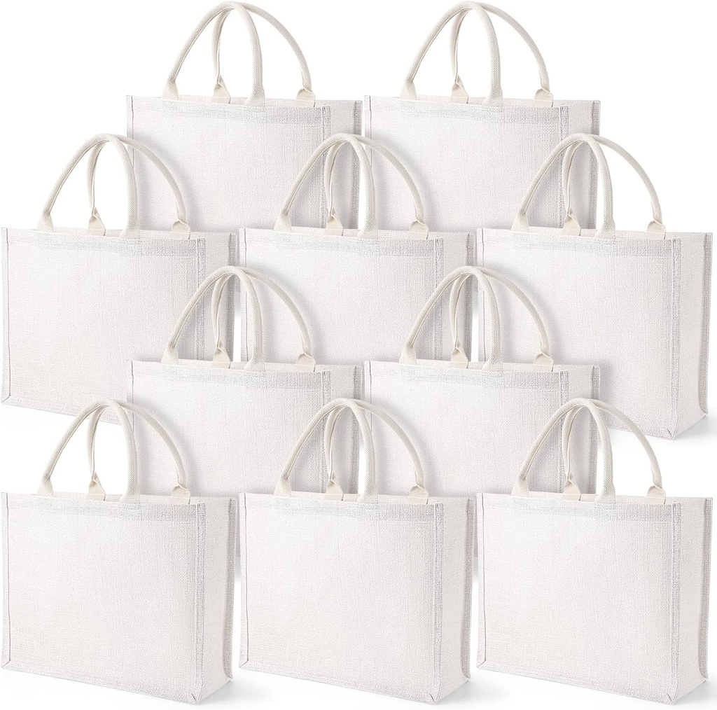 Reginary 10 Pack White Burlap Tote Bags Reusable Jute Tote Gifts Blank Canvas Grocery Bags with Handles for Women Bridesmaid Wedding Gifts Christmas DIY Craft, 15.4 x 5.9 x 12.2 Inch