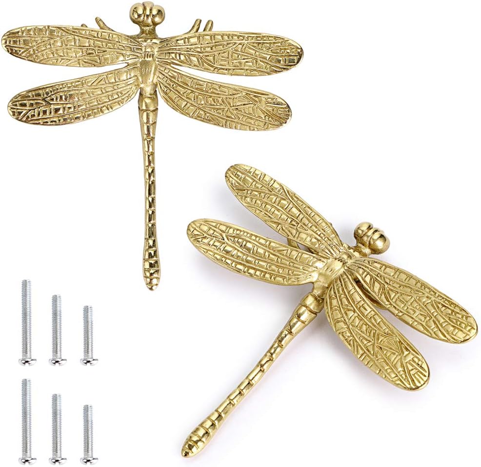 JUXYES Pack of 2 Brass Dragonfly Cabinet Knobs, Golden Tone Cupboard Door Knobs Decorative Dresser Drawer Handle Knobs for Dresser Drawer Cabinet Closet