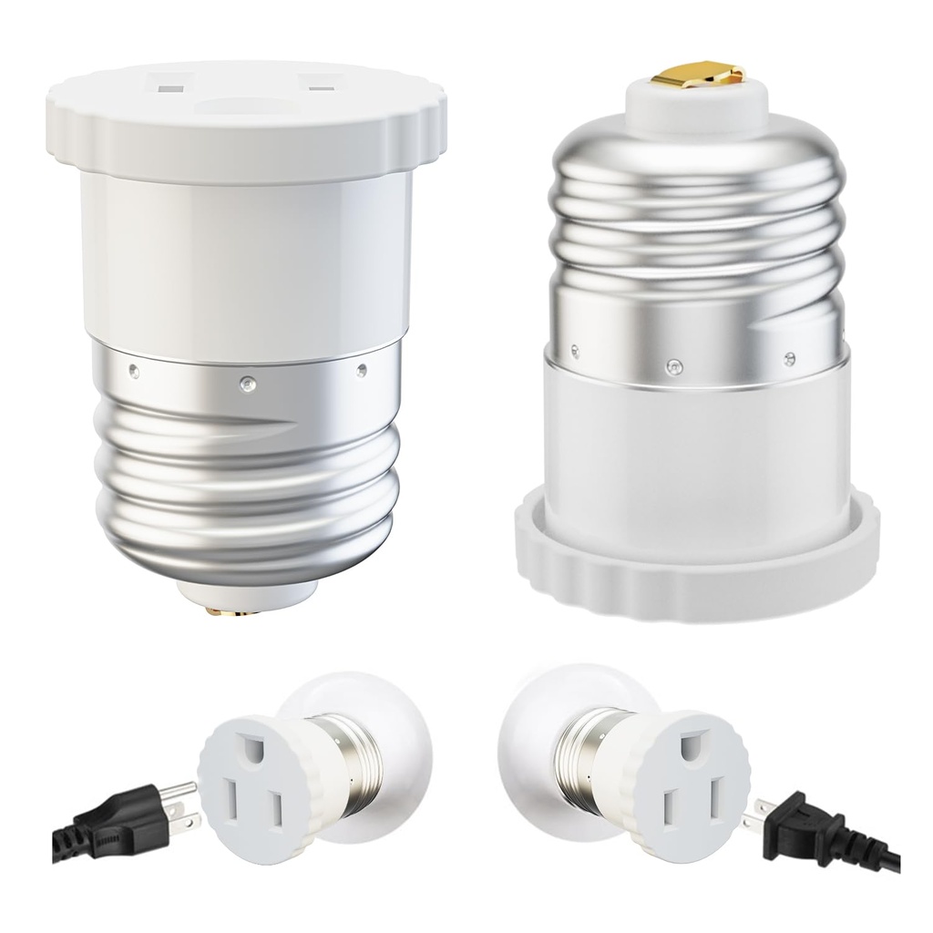2 Pack, Light Socket to Plug Adapter, Convert Light Bulb Socket to Outlet Adapter (White).