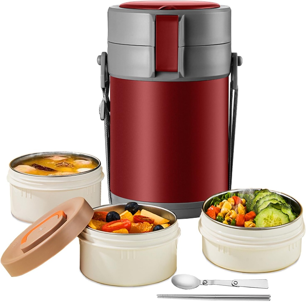82oz Adults Thermo Container For Hot Food, 3 Tier Bento/Food Wide Mouth Insulated Stackable Food Container, Hot Cold lunch box for Work Office Outdoors Picnic (RED)