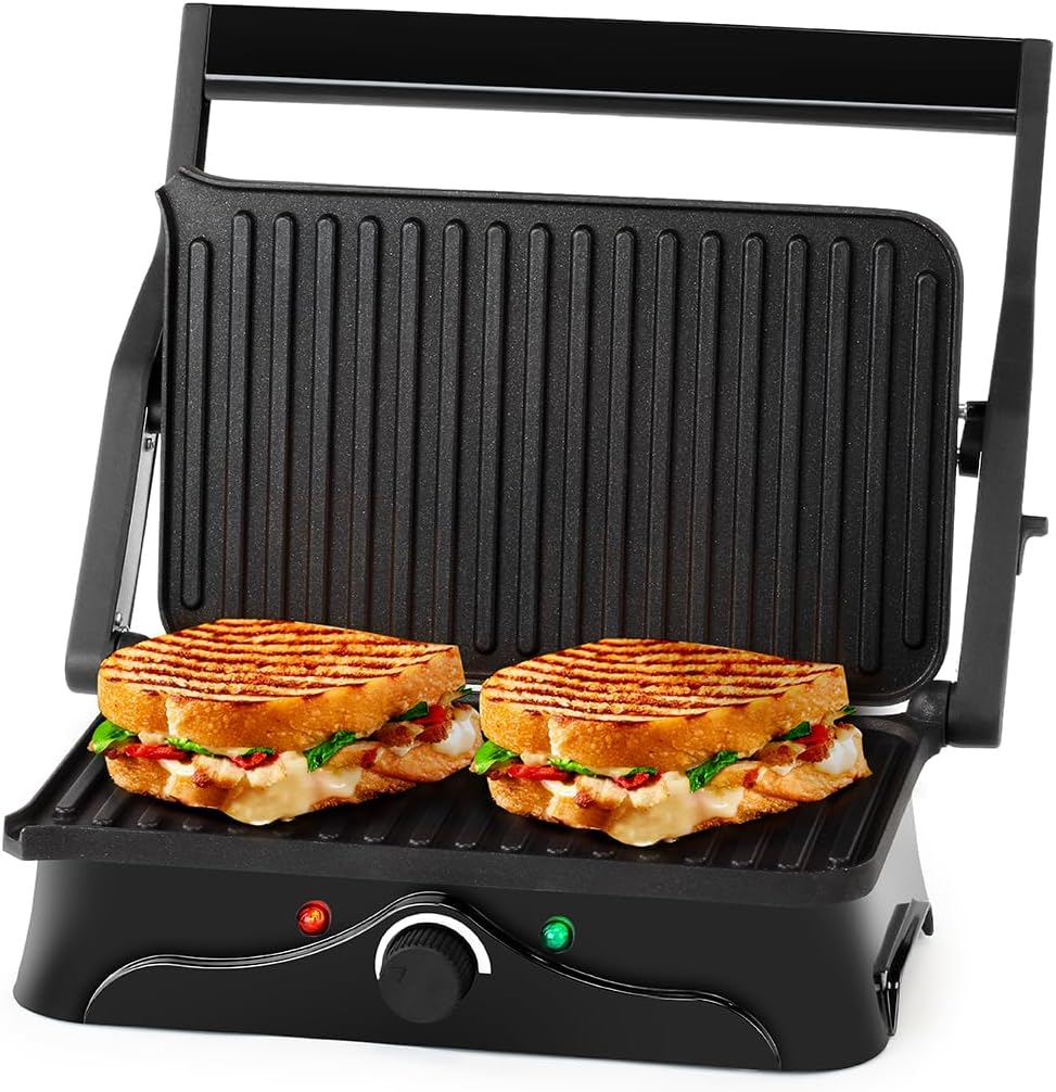 Holstein Housewares 2-Slice Panini Press and Grill - Black/Stainless Steel Sandwich Maker with Non-Stick Coating, Temperature Control, and Drip Tray - Opens 180 Degrees for Versatile Cooking