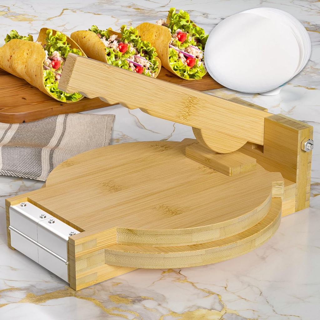 Tortilla Press 10 Inch, Bamboo Roti Maker with 80Pcs Parchment Paper, Tortilla Maker, Flour Tortilla Press, Prensa Para Tortillas, Dough Press for Homemade Mexican Tortillera, Taco, Roti
