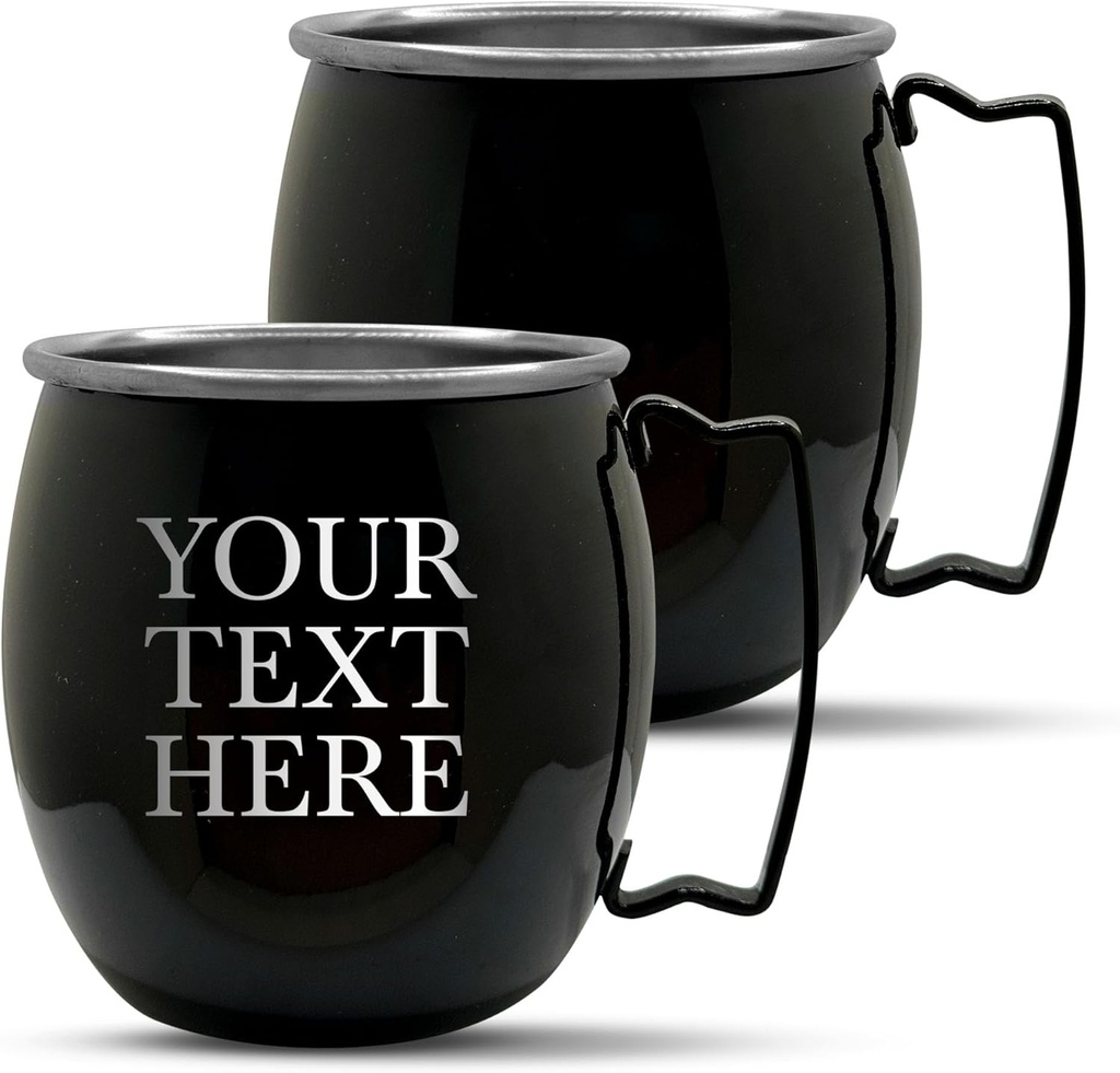 Personalized Custom Smooth Finish Black Stainless Steel Moscow Mule Mugs with Generic Your Text Here Bar Style Cup, 16 oz | Set of 2