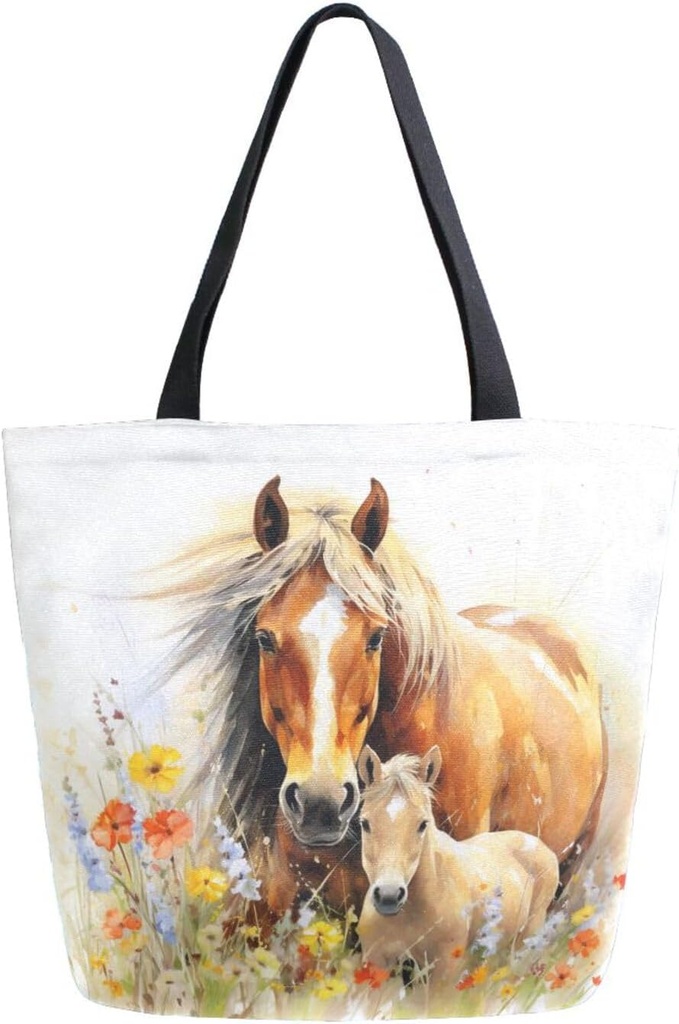 ALAZA Horse Flowers Canvas Tote Bag for Women Travel Work Shopping Grocery Top Handle Purses Large Totes Reusable Handbags Cotton Shoulder Bags62