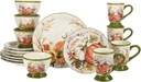 16 Pc Dinnerware Set Service for 4 Green Multi Color White Fruit Casual Farmhouse Round Piece Dishwasher Safe Microwave