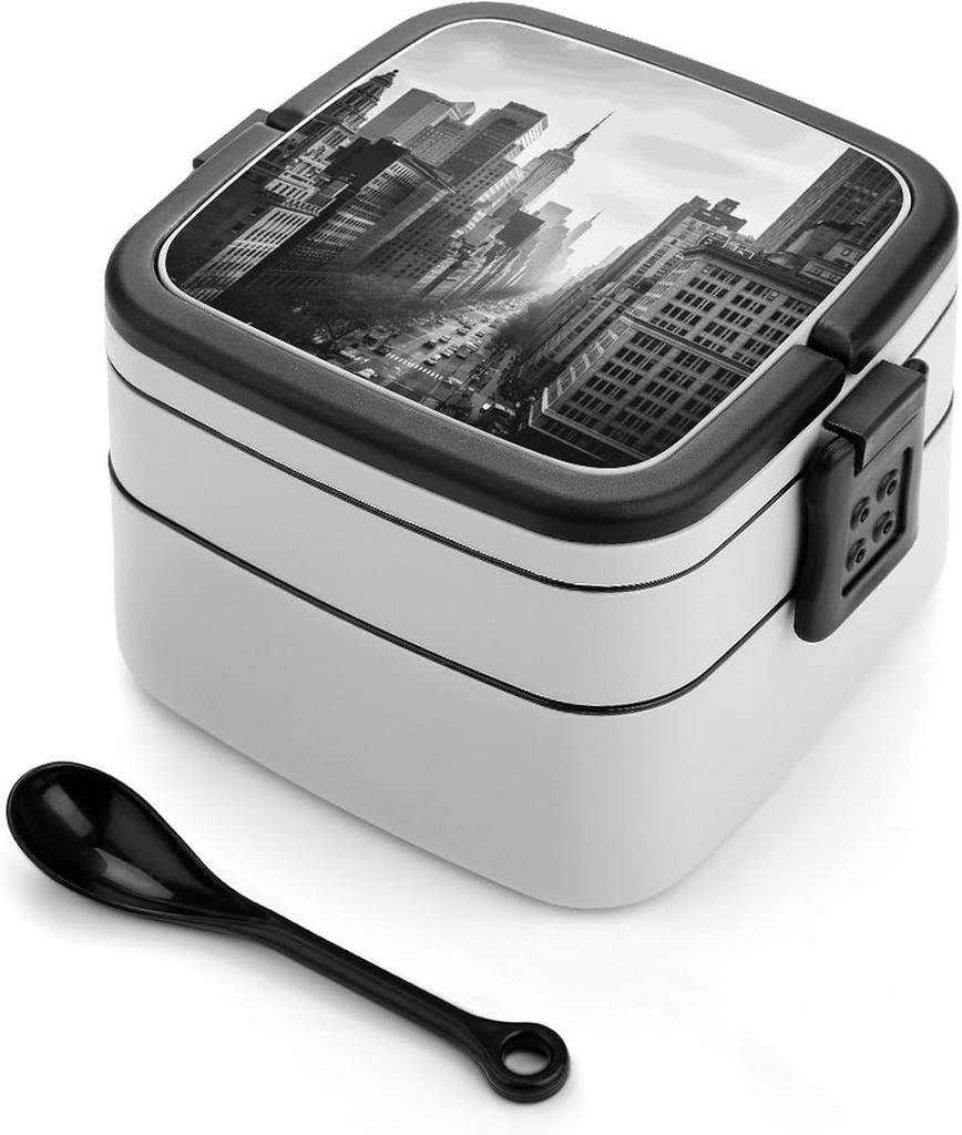 Black And White New York Bento Box Leak-Proof Double Layered Lunch Containers with Spoons And Invisible Handle, Portable Lunch Boxes for Work Picnic Travel