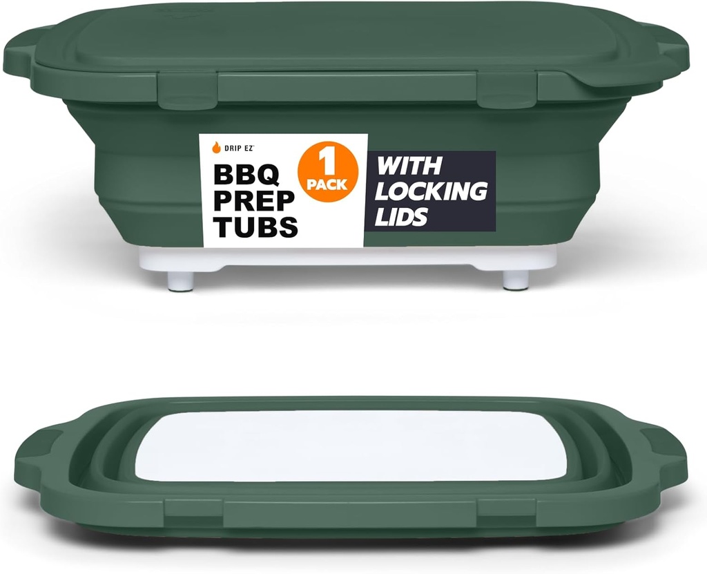 Drip EZ Collapsible BBQ Prep Tub - For Meal Prep Marinating Food Storage - Includes Cutting Board & Locking Lid - (1) OG - Green