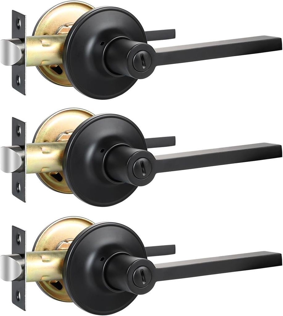Privacy Door Levers, 3 Pack Matte Black Door Handles, Bed and Bath Door Locksets Heavy Duty Keyless Interior Handles, Reversible for Left Right Handed Doors