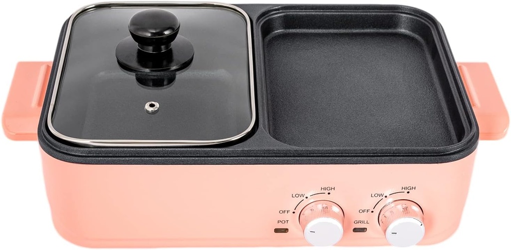 2 in 1 Electric Hot Pot with Grill, Non-Stick Multifunction Shabu Hot Pot Electric with Dual Temperature Control, 2L Korean BBQ Grill for Steak, Vegetables, Pasta, Pink