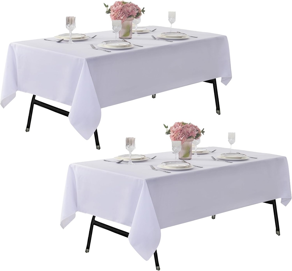 2-Pack 60x102 inch White Table Cloths, Solid Stain and Wrinkle Resistant Oblong Tablecloth, Premium Plain Weave Polyester Fabric Rectangle Table Linen Covers for Hotel, Wedding