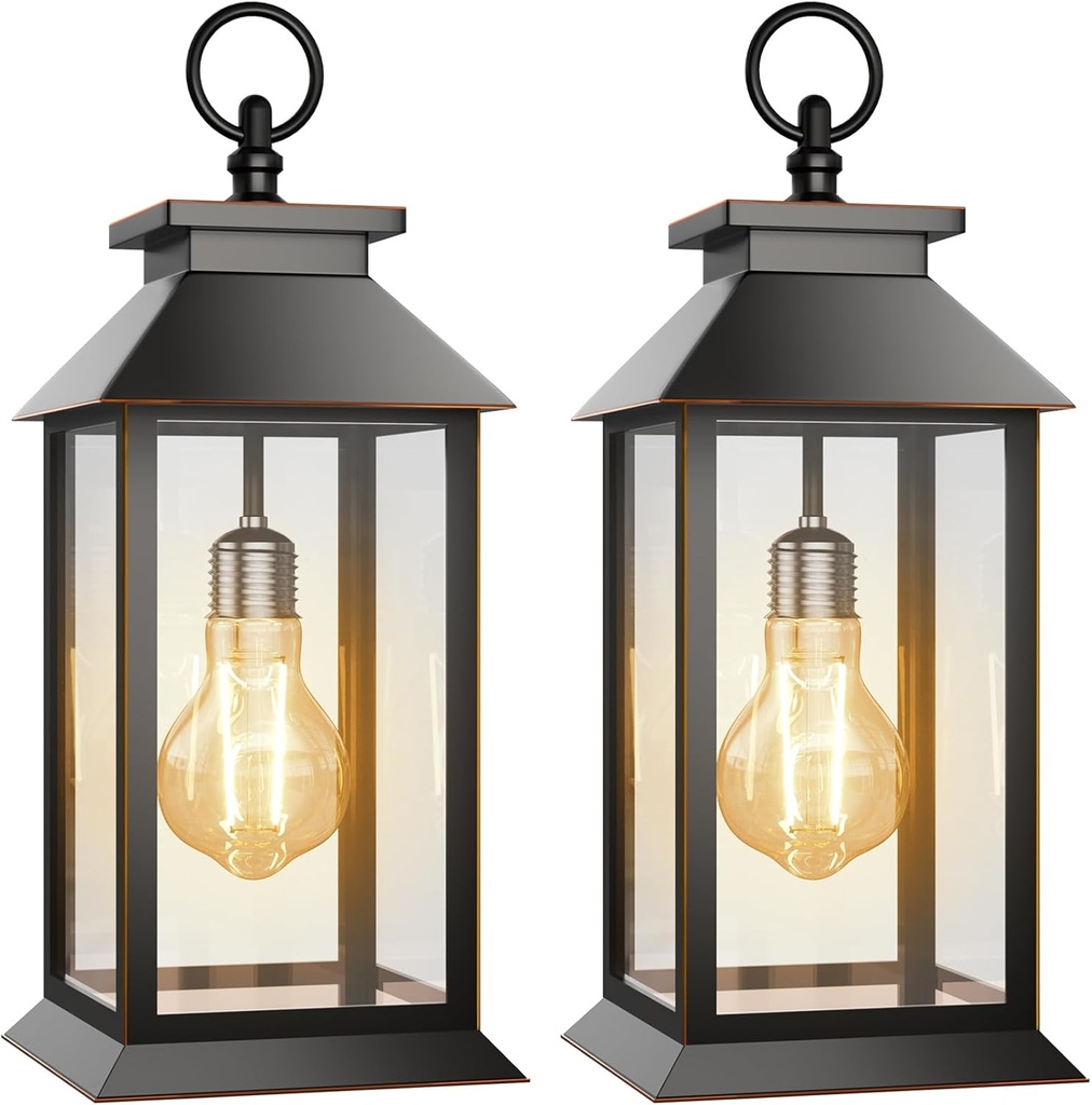 2 Pack Hanging Solar Lanterns Glass Solar Lights Outdoor Waterproof Upgraded Solar and 2 AA Batteries Powered, for Outside Porch, Patio and Indoor Tables, Mantelpiece