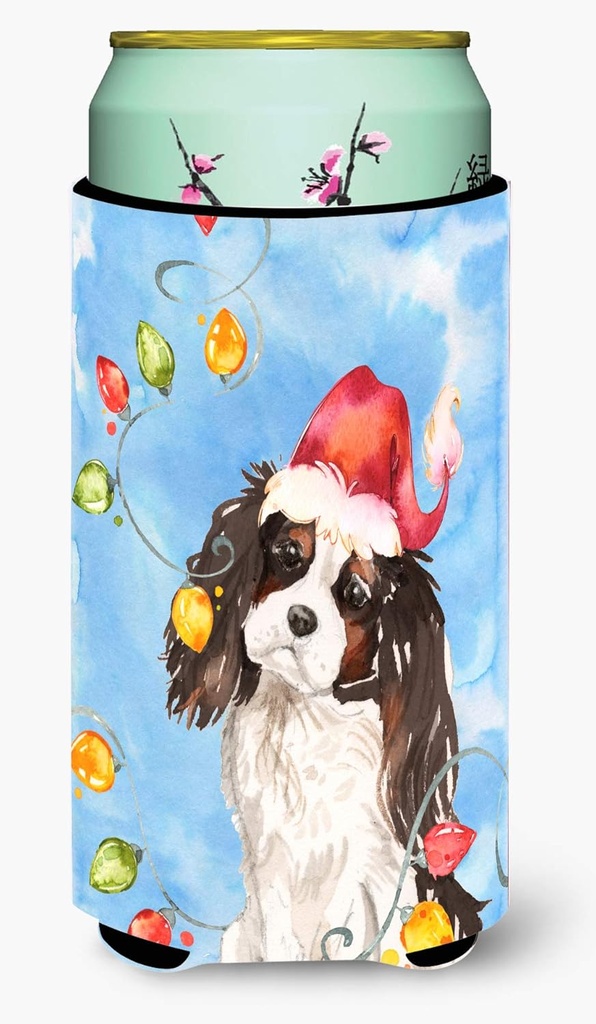 Caroline's Treasures CK2510TBC Christmas Lights Tricolor Cavalier Spaniel Tall Boy Hugger Can Cooler Sleeve Hugger Machine Washable Drink Sleeve Hugger Collapsible Insulator Beverage Insulated Holder