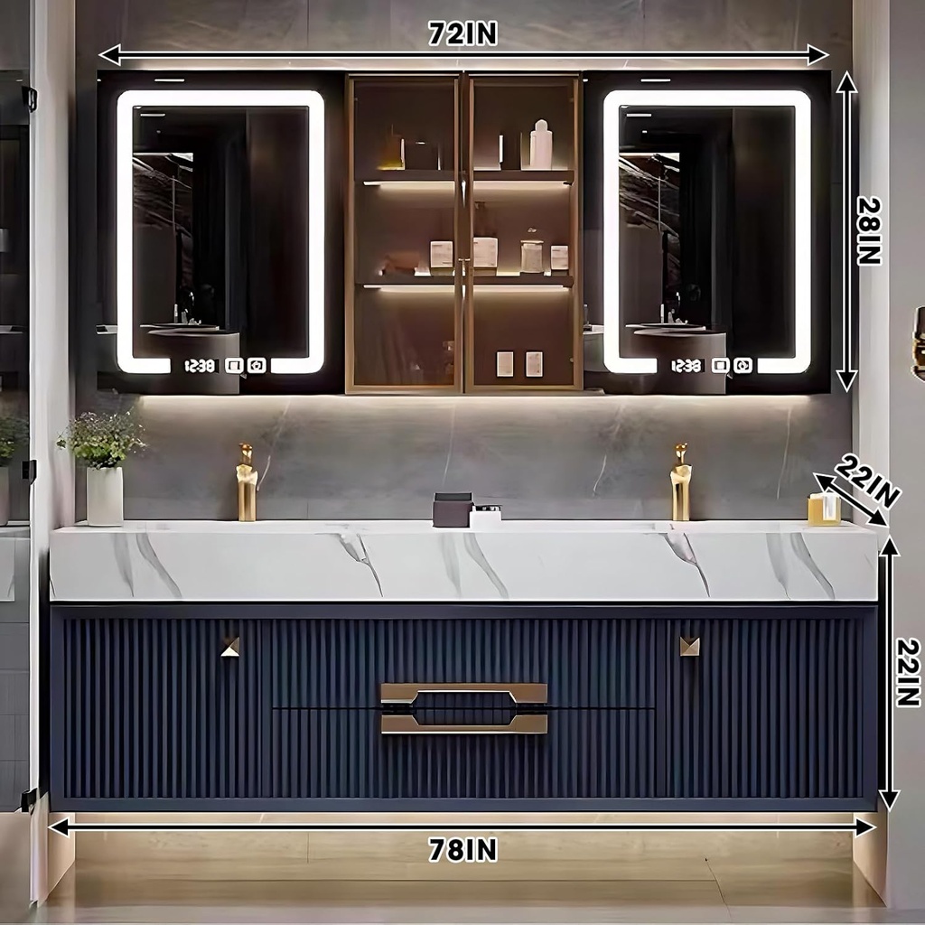 Double Bathroom Vanities with Sink - Floating Solid Wood Bathroom Vanity with Blue Modern Metallic Style & Stripe Style Storage Cabinet | Integrated Ceramic Basin,Led Light(78IN)