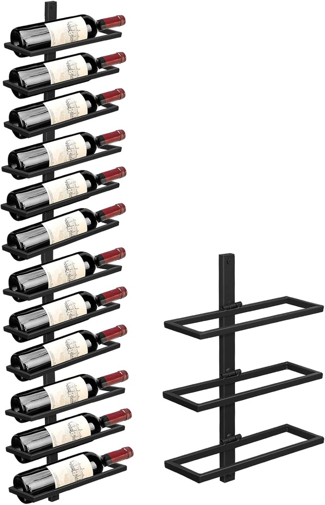 Wall Mounted Wine Rack Holds 12 Bottles, Adjustable Separable Black Metal Hanging Wine Bottle Holder Holds 6 Bottles, Liquor Bottle Display Shelf for Kitchen Pantry Bar Wine Cellar
