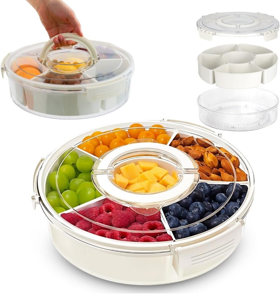 Divided Rotating Serving Tray with Lid and Handle,Portable Snackle Box Container,6 Compartment Snack Container for Candy,Nuts,Cookies,and Fruit, Ideal for Party,Travel and Beach