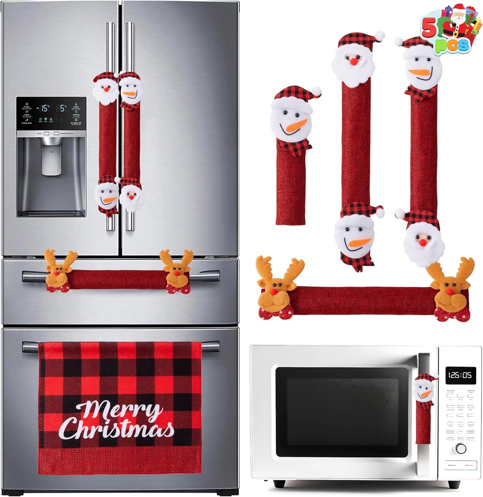 JOYIN 5 Pieces Christmas Fridge Handle Covers for Kitchen Refrigerator Microwave Oven Dishwasher Decoration Appliance, Xmas Santa Indoor Decor, Party Favor Supplies, Washable Holiday Door Décor