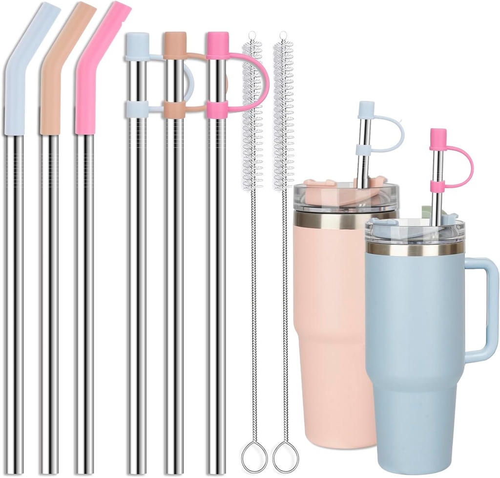 Stainless Steel Straws with covers fit Stanley 40 oz tumbler, Reusable 12 Inch Metal Straw with Silicone Tips & Cover Caps, Compatible with Stanley Quencher H2.0 (6 Pack: 3 Bent + 3 Straight)