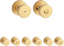Kwikset Pismo Interior Privacy Door Knob with Lock, Door Handle for Bathroom and Bedroom, Satin Brass, Round, Keyless Turn Lock Doorknob, Microban Protection (Pack of 4)