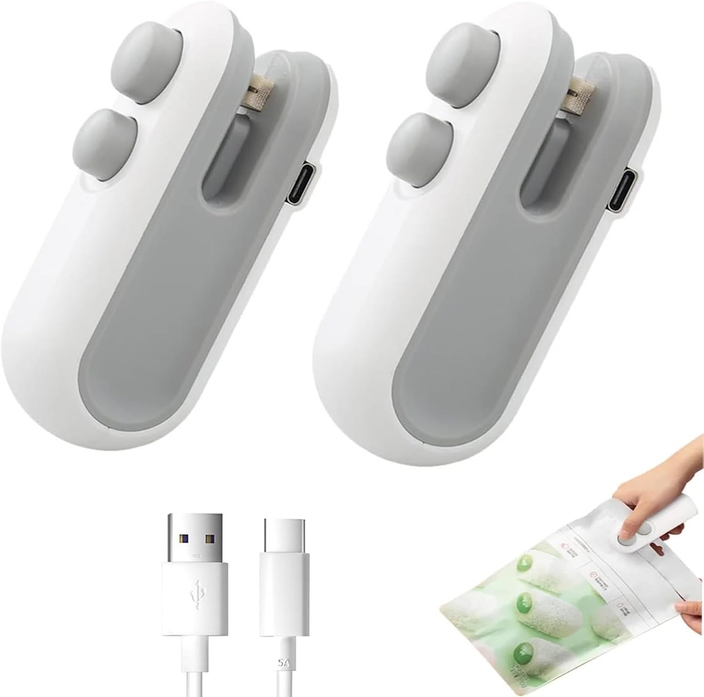 Mini Bag Sealer 2 Pack Bag Sealer with Cutter and Magnet 2 in 1 Mini Bag Resealer Machine Portable Handheld Rechargeable Heat Vacuum Food Sealer for Plastic Bags Snacks & Food Storage (2, white)