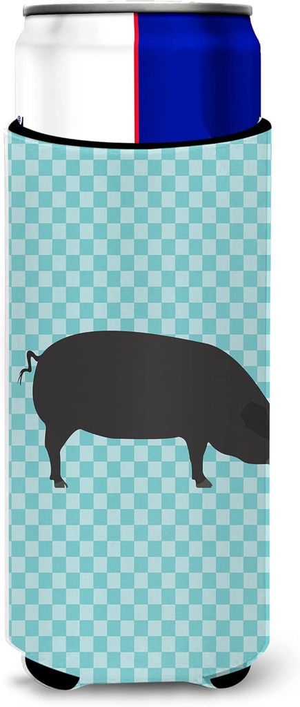 Caroline's Treasures Devon Large Black Pig Blue Check Decorative Hugger, Slim Can, Multicolor