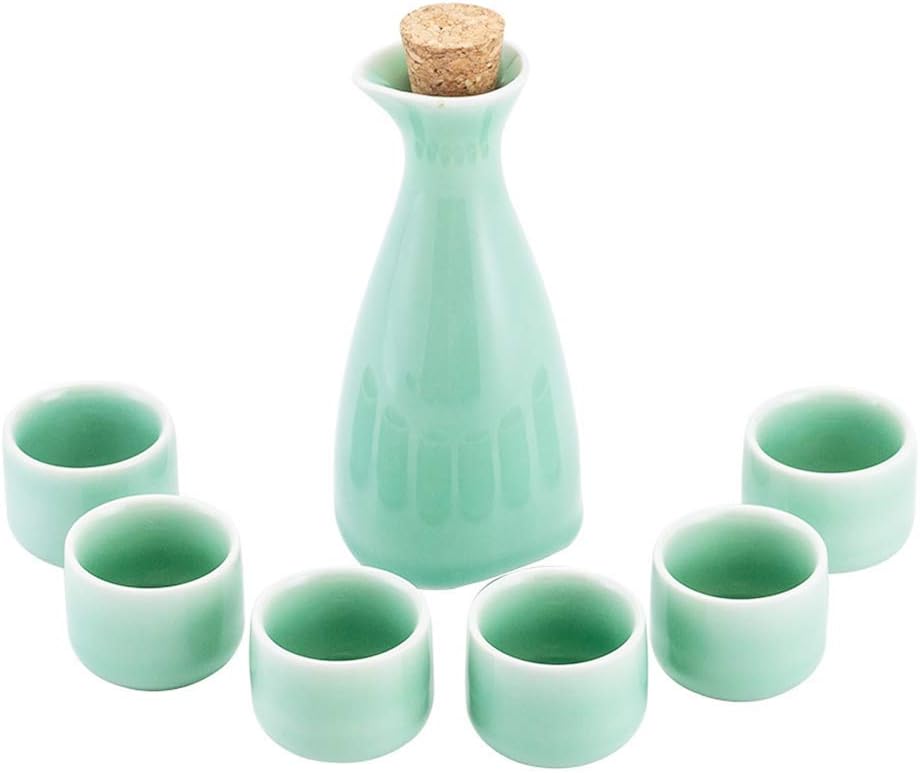Sake Set Sake Cup Set Traditional Hand Painted Design Porcelain Pottery Ceramic Cups Crafts Wine Glasses White Texture Ceramic Cups 7PCS