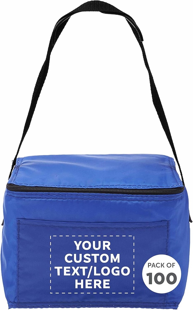 DISCOUNT PROMOS Custom Small Lunch Bags Set of 100, Personalized Bulk Pack - Insulated, Fits 6 Cans, Perfect for the Office, Picnic, Beach - Blue