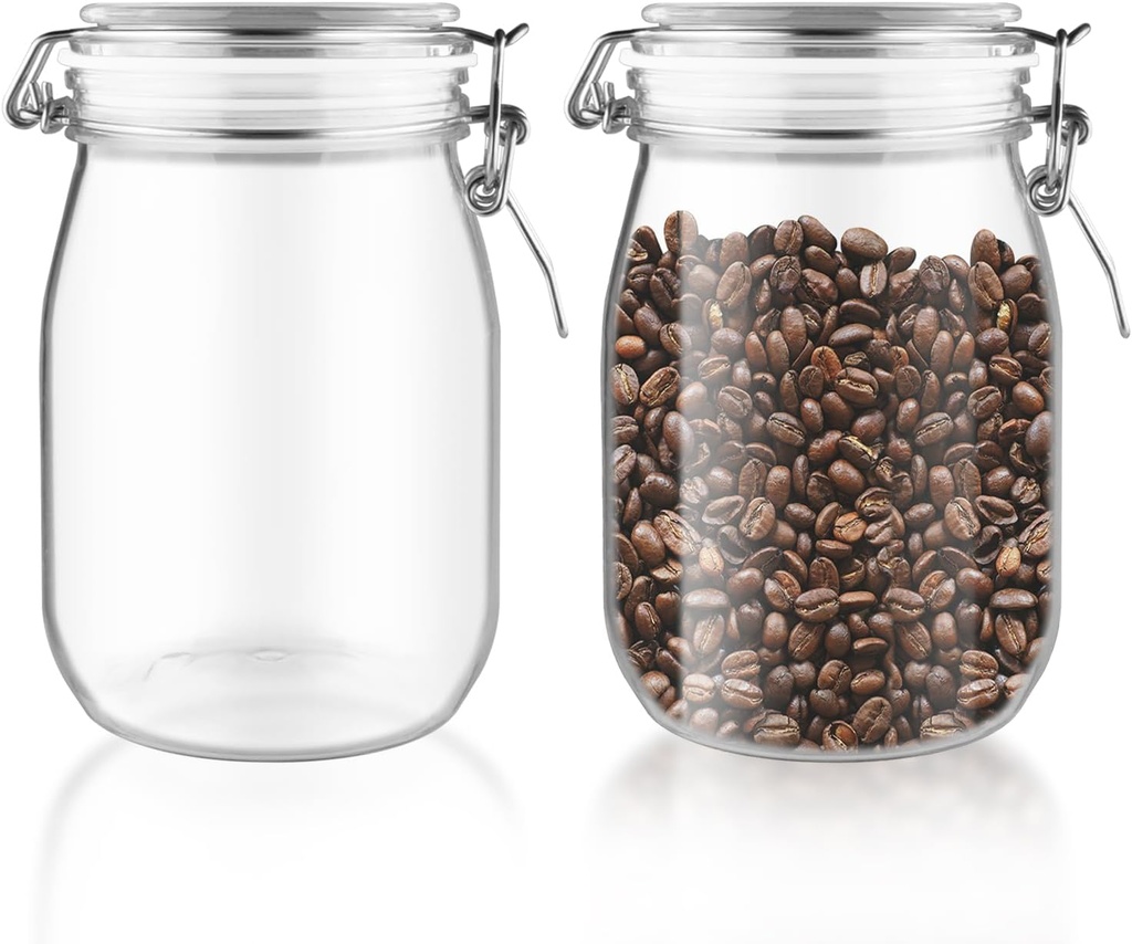 2 Pcs PET Plastic Storage Jar with Clamp Lid Empty Food Storage Container Bottle Large Refillable Canister For Nuts Sugar Coffee Candy Cookie Tea Spices And More (clear, 1000ml/33oz)