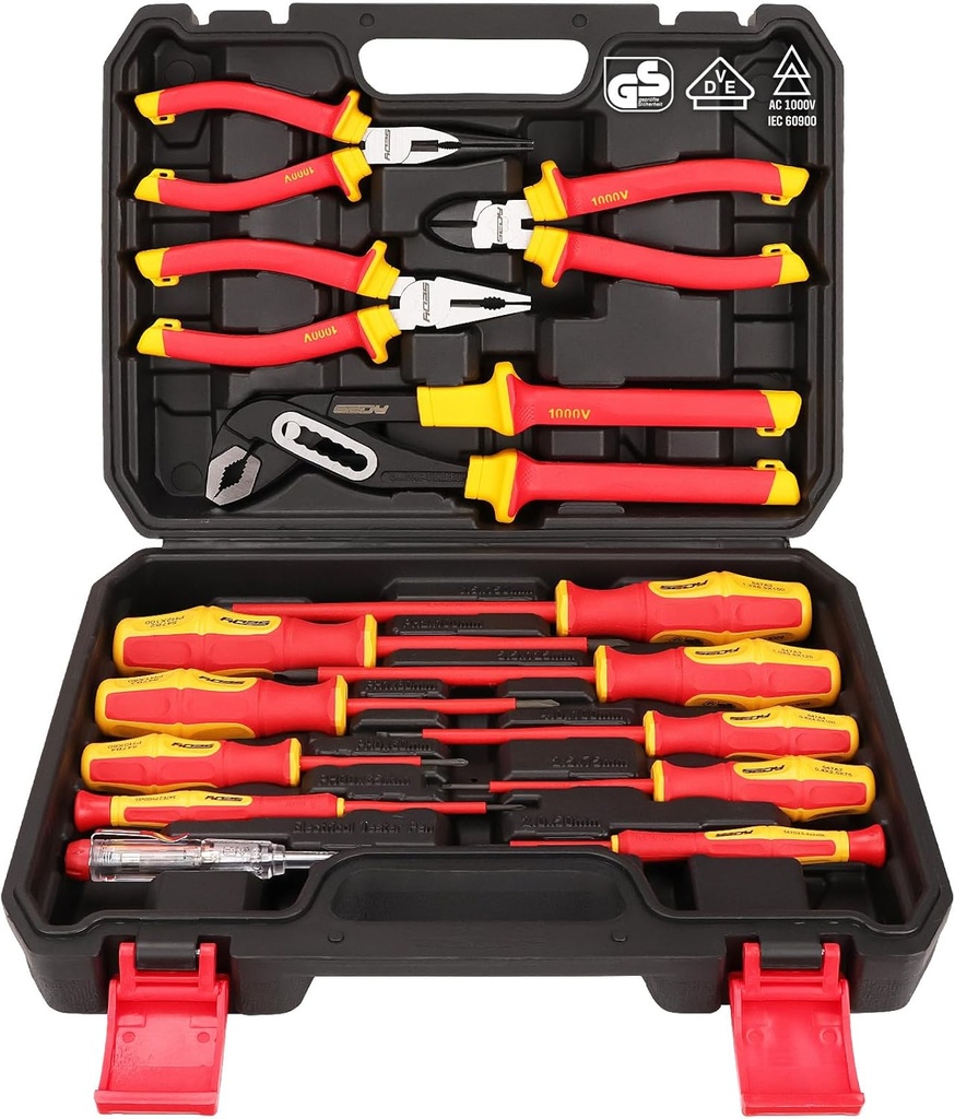 Insulated Screwdriver & Pliers Set: 14-Piece VDE Insulated Set 1000V Insulated Electrician Tool Set with Magnetic Phillips, Slotted Screwdrivers and Insulated Pliers