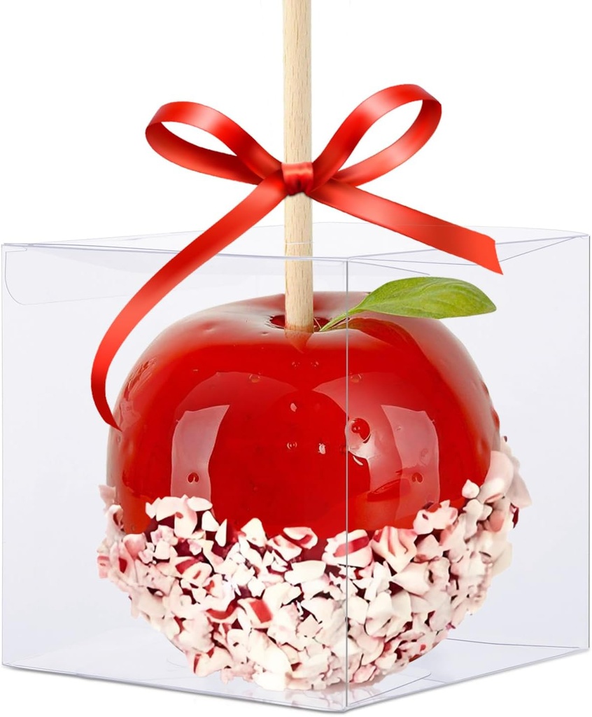 30 Pack Clear Candy Apple Boxes with Hole, 4"x 4"x 4" Transparent Favor Boxes, Food-Grade Treat Boxes for Cake Pops Caramel Apples Chocolates and Cookies Christmas