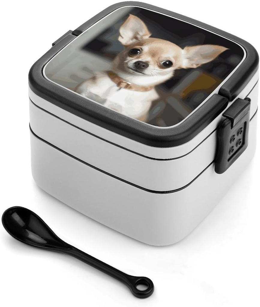 Cute Chihuahua Bento Box for Adults Double Layer Lunch Box with Spoon And Invisible Handle Microwave Dishwasher Safe Leak Proof Meal Prep Lunch Containers for Office Picnic