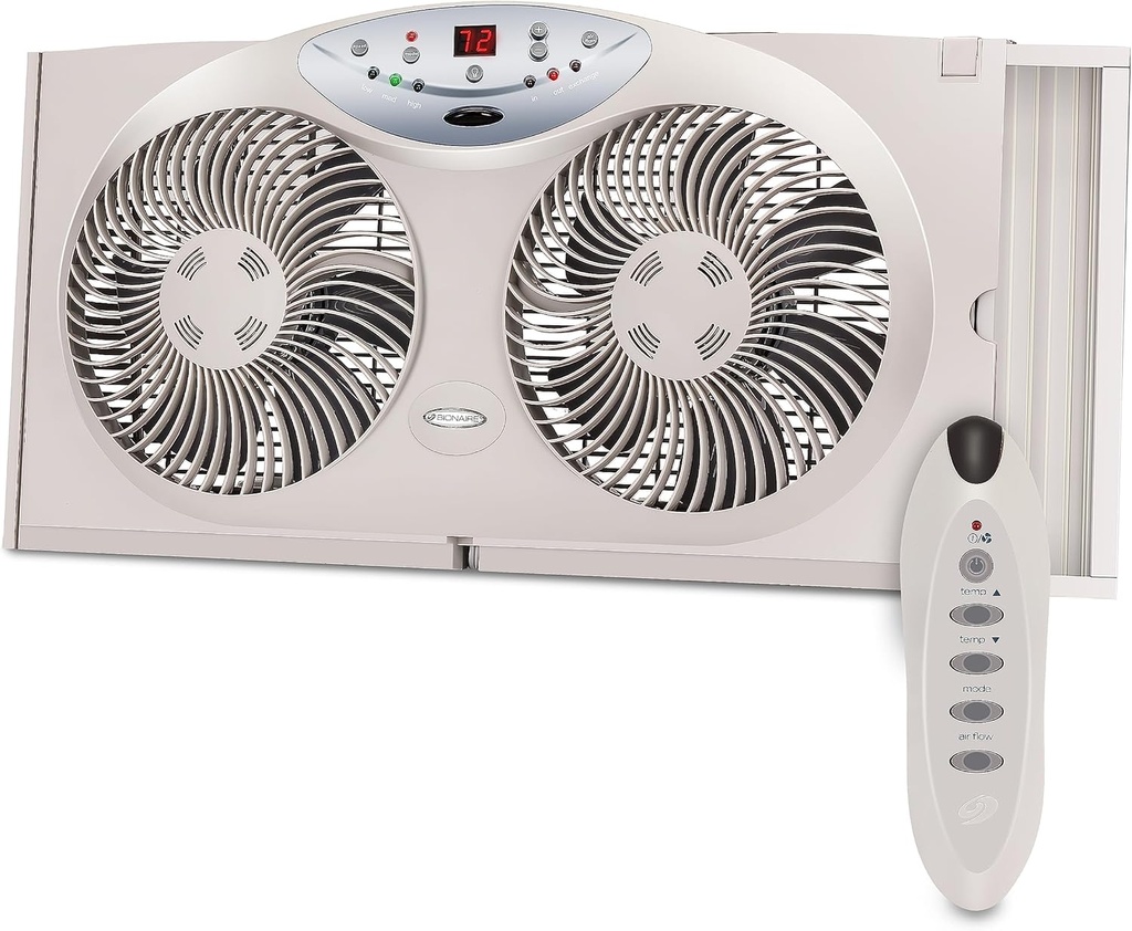 Bionaire Window Fan with Reversible Airflow Blades – 3-Speed Settings, Programmable Thermostat, LED Display, Remote Control, Fits 24–36" Windows, No Assembly Required