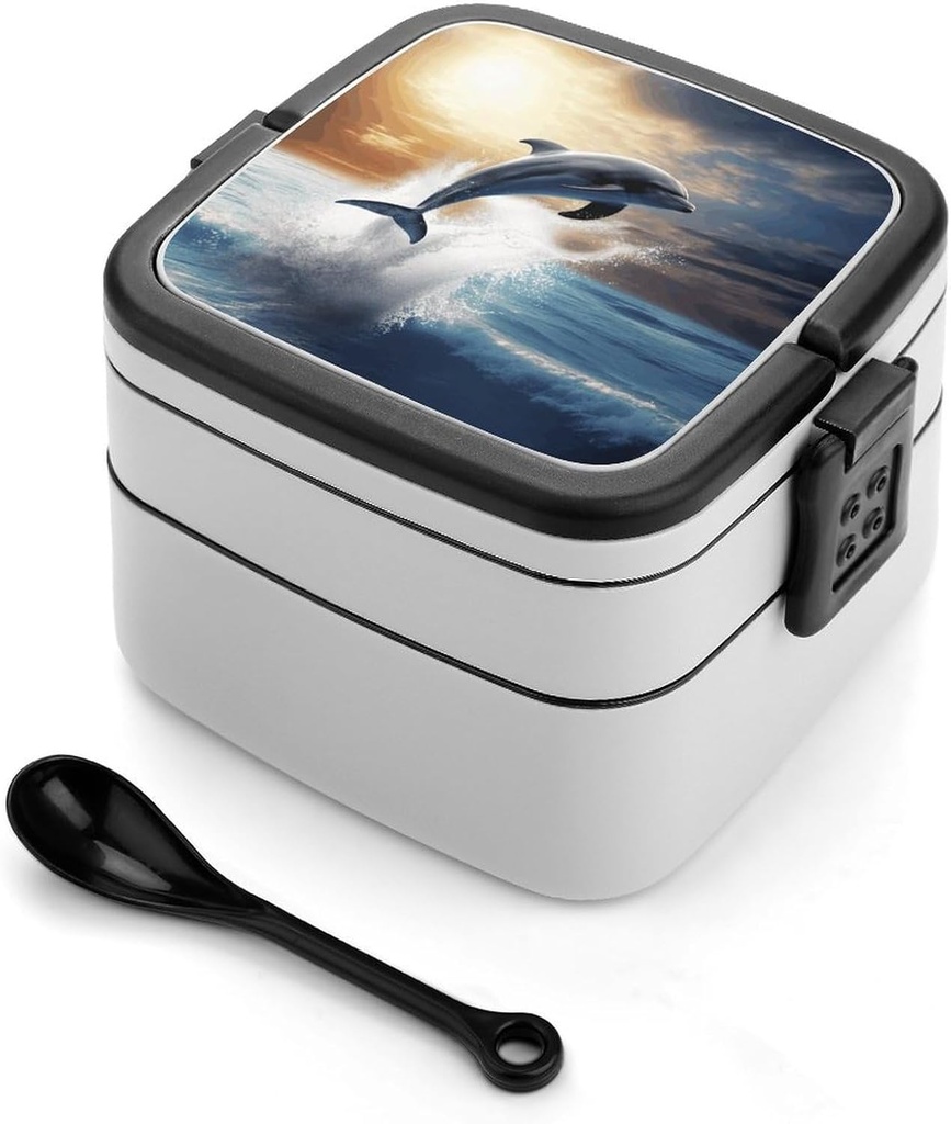 Adult Double-Layer Bento Box Beautiful Dolphin Portable Lunch Box with Spoon And Invisible Handle Leakproof Microwave-Safe Food Container for Work Travel Camping