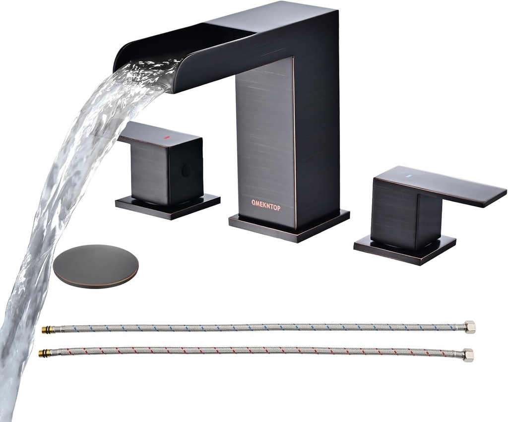 Bathroom Faucet Oil Rubbed Bronze, 8 Inch Waterfall Bathroom Sink Faucet 3 Hole, Bathroom Faucet with Pop Up Drain & Hose, 2 Handles Faucet for Basin Lavatory Vanity