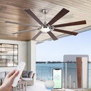 72Inch Large Brushed Nickel Ceiling Fans with Light and Remote Control,8 Wooden Blades,6-Speeed,3CCT,Quiet Reversible DC Motor,Indoor Outdoor Ceiling Fan for Patio/Living Room/Garden