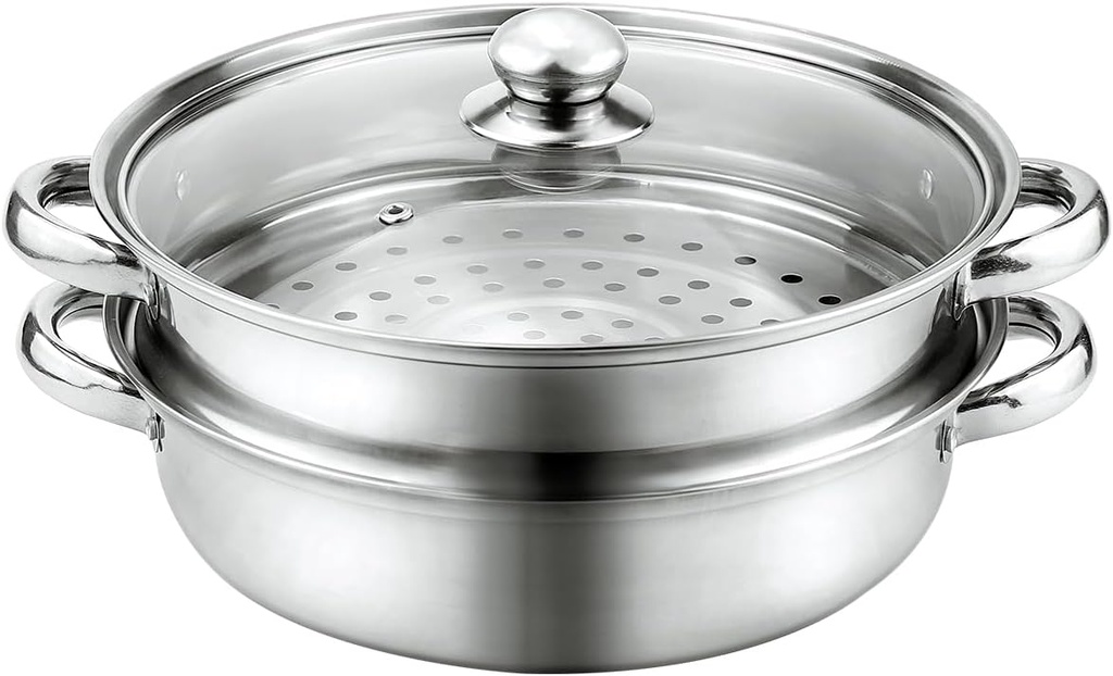 Premium Stainless Steel Steamer Set with 2 Tier Steamer Pans Tier, Multi-Layer Cookware Pot for Steaming, Boiling, and Cooking (Super Thick 25cm)