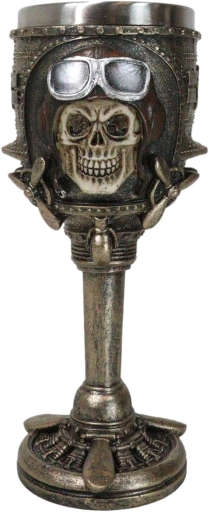 Ebros Gift War Dog Skeleton Cranium Air Force Airman Pilot Skull With Helmet and Aviator Glasses Beverage Wine Goblet Chalice Drinkware Serveware Ossuary Macabre Halloween Accent