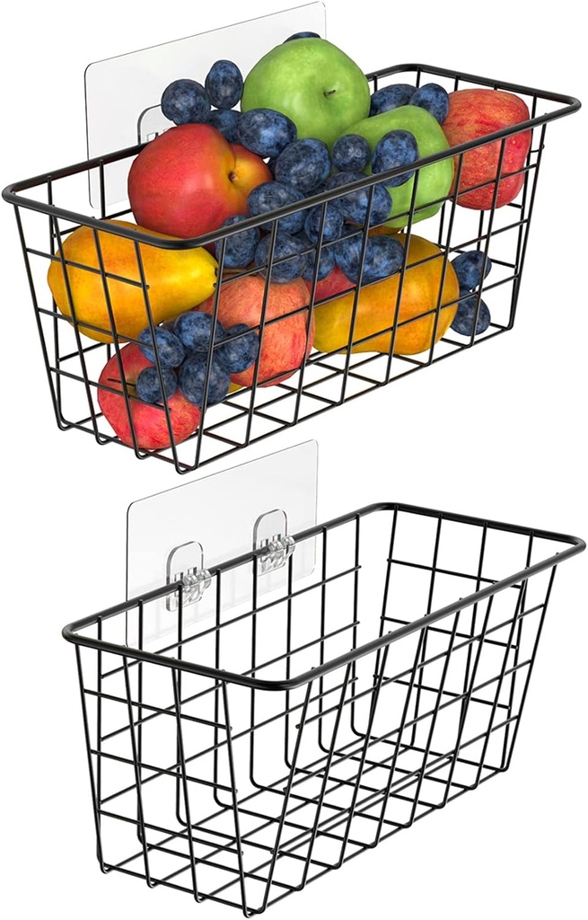 Hanging Kitchen Baskets For Storage Adhesive Small Wire Storage Baskets No Drilling Wall Mounted Shelf with Kitchen Food Pantry Bathroom Shelf Storage, 2 PACK, Black