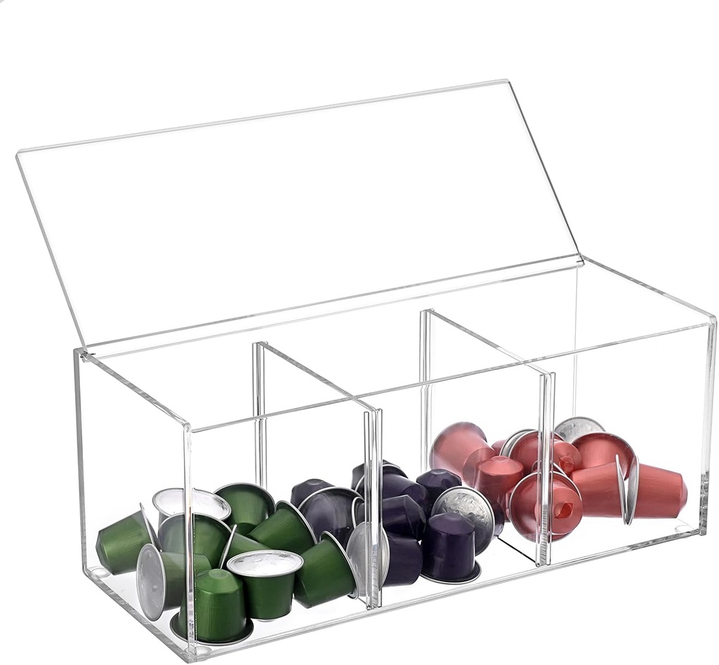 ELLDOO Acrylic Coffee Pod Organizer with Lid, 3-Compartment Tea Bags Sugar Packets Holder for Home Coffee Bar Office Counter