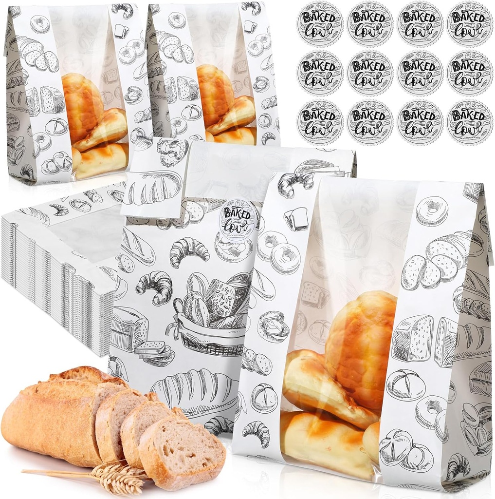 100 Packs Paper Bread Bags for Homemade Bread Sourdough 13.8 x 8.3 x 3.5 Inches Kraft Paper Bakery Bag with Window Label Seal Sticker for Baked Food Packaging Storage(White)