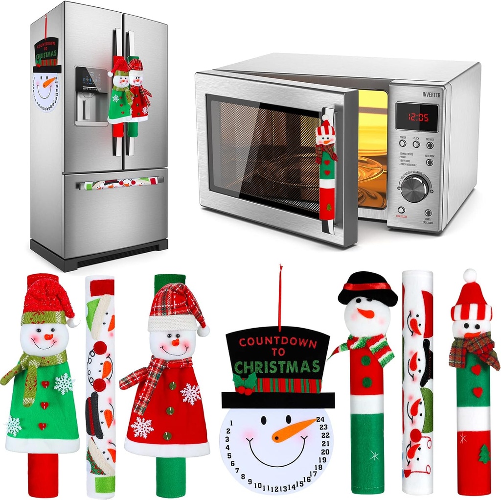 Gejoy 7 Pieces Christmas Refrigerator Handle Covers Set Snowman Refrigerator Door Handle Covers and Snowman Advent Clock Calendar for Christmas Kitchen Appliance Handle Decorations