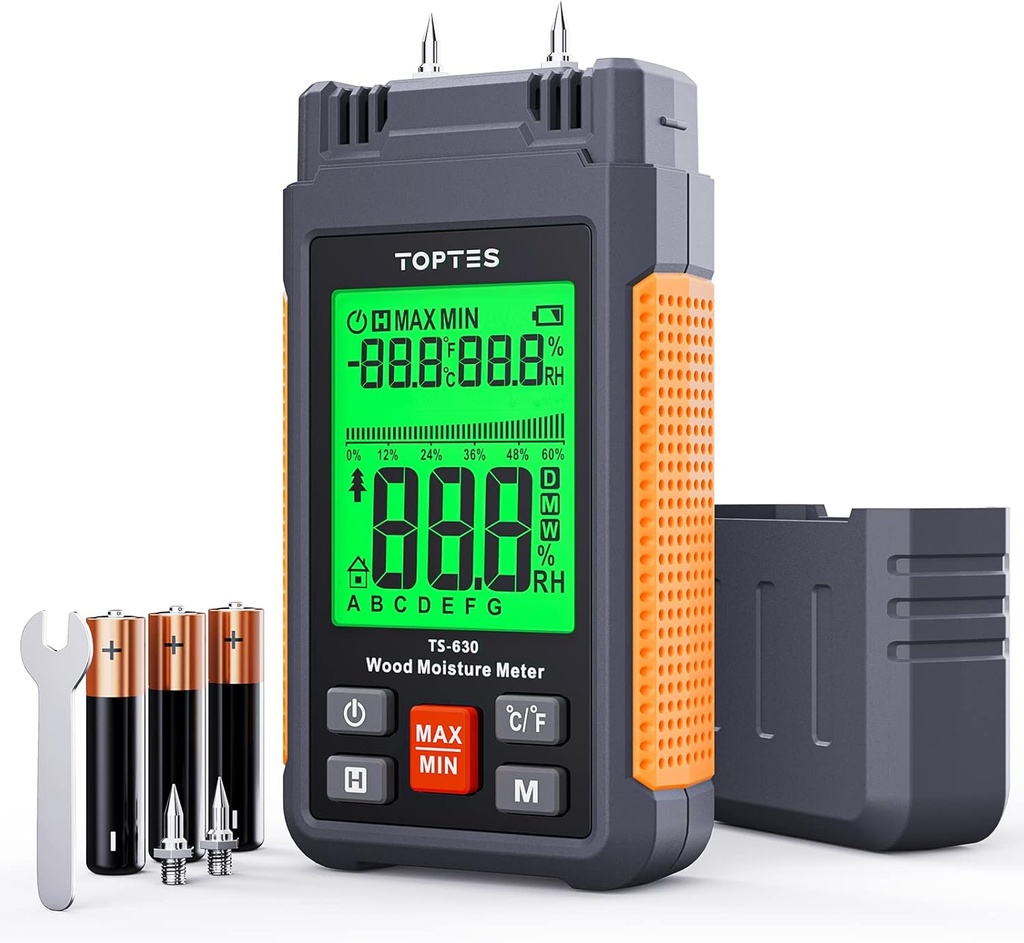 Wood Moisture Meter, TopTes Digital Moisture Meter TS-630, Handheld Humidity Tester with 2.25-inch LCD Display, Tricolor Backlight, Check The Dampness Level on Firewood/Drywall - Orange