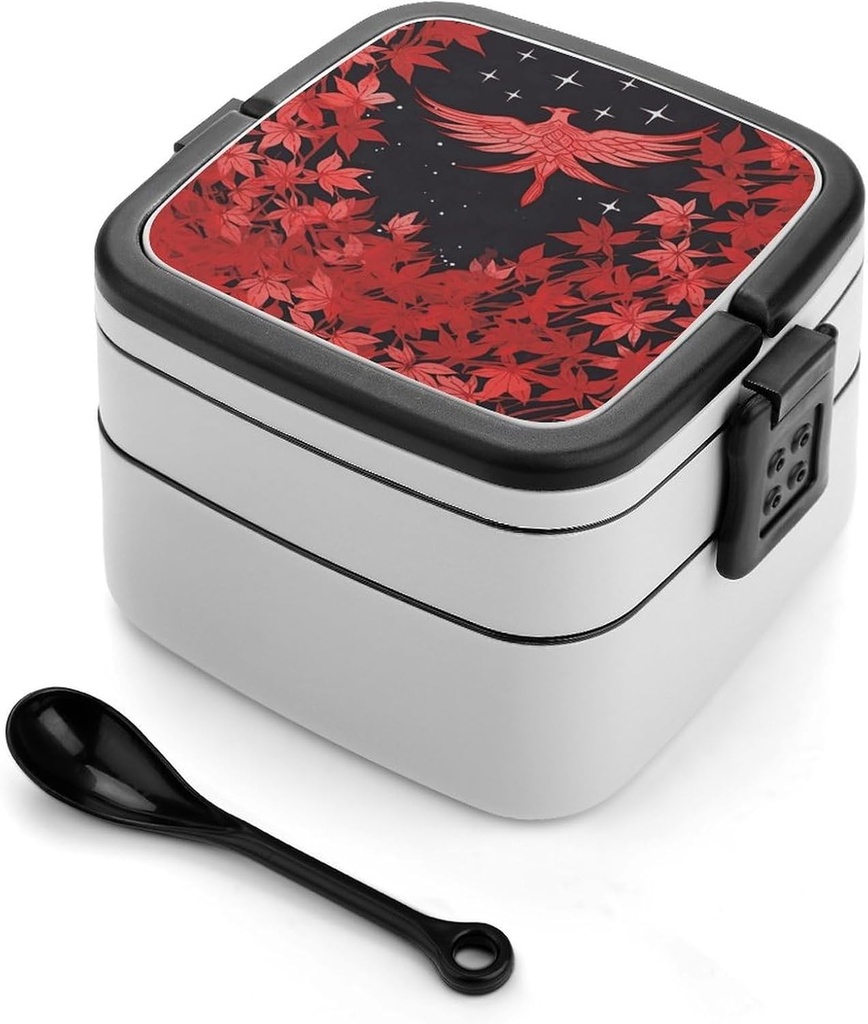 Red Leaves And Stars Bento Box with Spoon, 2-layer Stackable Lunch Box Leak Proof with Invisible Handle, Insulated Food Storage for Office, Picnic & Travel