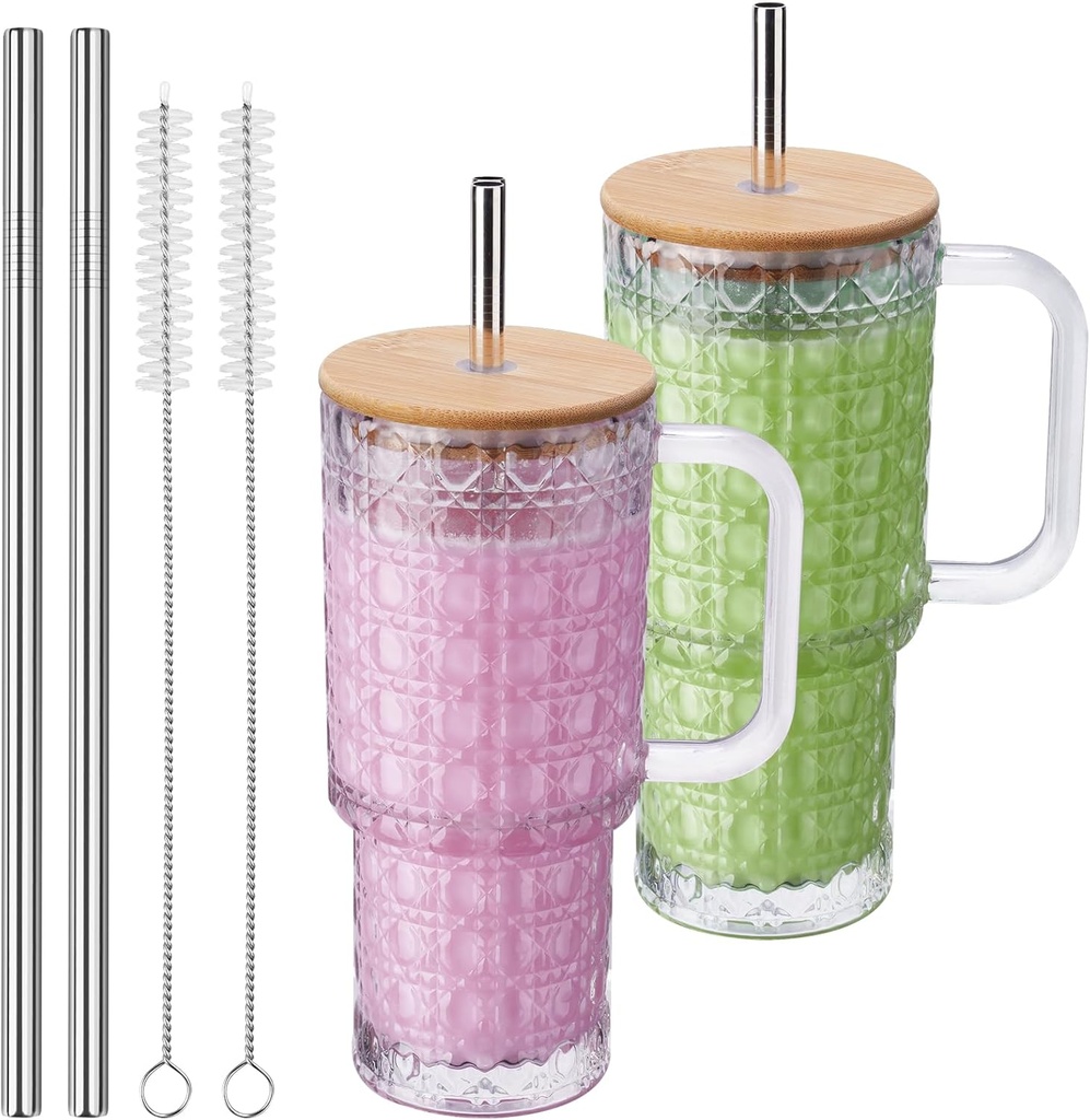 NiHome 2PCS Glass Tumblers with Handles, 26oz Clear Glass Cups with Bamboo Lids & Stainless Steel Straws & Brushes, Spill-Resistant Silicone Rings, Reusable for Iced Coffee, Juice, Water, Travel, Car