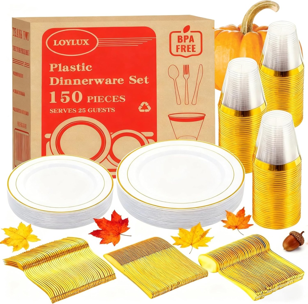 Thanksgiving Plates Disposable - 150 Piece Gold Dinnerware Set for Party, Fall & Friendsgiving, White Plates with Gold Trim with Cups, Utensils (25 Guests)