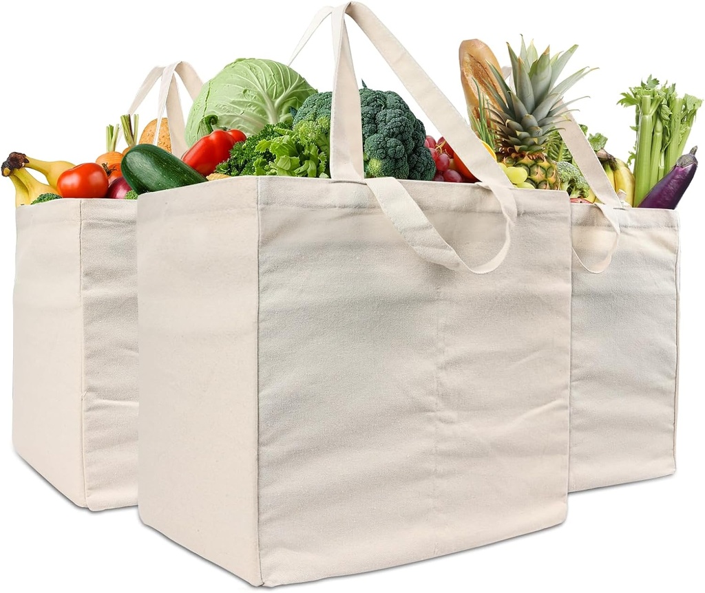 Canvas Grocery Shopping Bags 3pc XL Set with Handles and Bottle Sleeves,Washable and Eco-friendly Cloth Grocery Totes - Eco-Friendly, Foldable, Washable, Shopping/Farmers Market