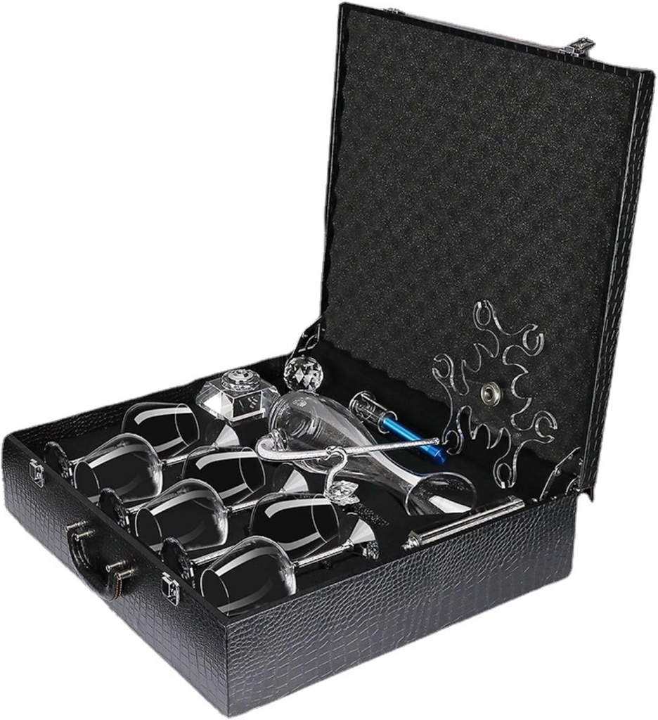 水晶玻璃金箔红酒杯高档钻石葡萄酒杯高脚杯皮箱 套装 Wine Glasses Set of 6, European-Made Lead-Free Crystal, Classic Stemmed, Professional Quality Red Wine Glass Gift Set