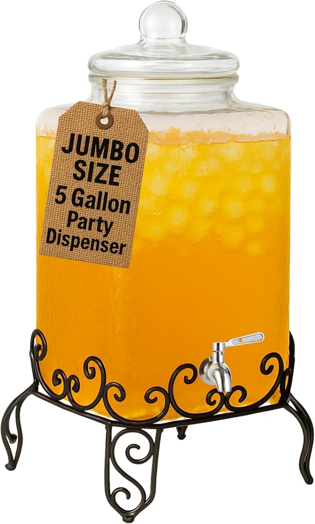 Extra Large 5 Gallon Glass Drink Dispenser with Stand and Stainless Steel Spigot – Event & Party Beverage Server for Water, Tea, Punch, and More