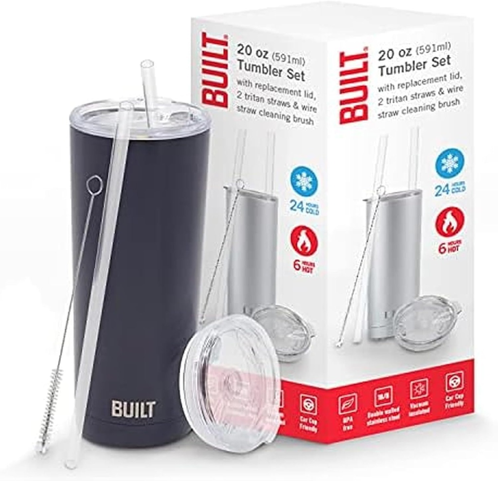 BUILT Double Walled Stainless Steel Tumbler Set with Replacement Lid, 2 Reusable Tritan Wire Straw Cleaning Brush in Gift Box, 20-ounces, Inkwell