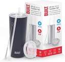 BUILT Double Walled Stainless Steel Tumbler Set with Replacement Lid, 2 Reusable Tritan Wire Straw Cleaning Brush in Gift Box, 20-ounces, Inkwell