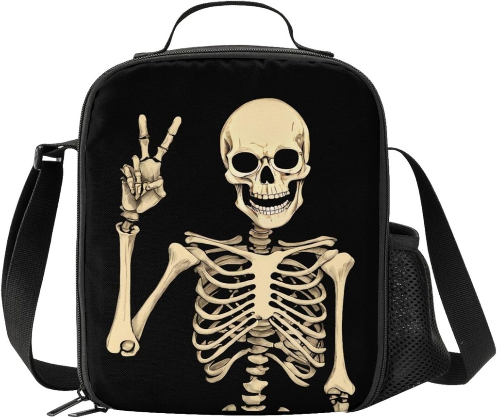 Funny Skull Lunch Bag Tote Lunch Box Food Bag for Boys Girls with Zipper & Side Pocket & Shoulder Strap
